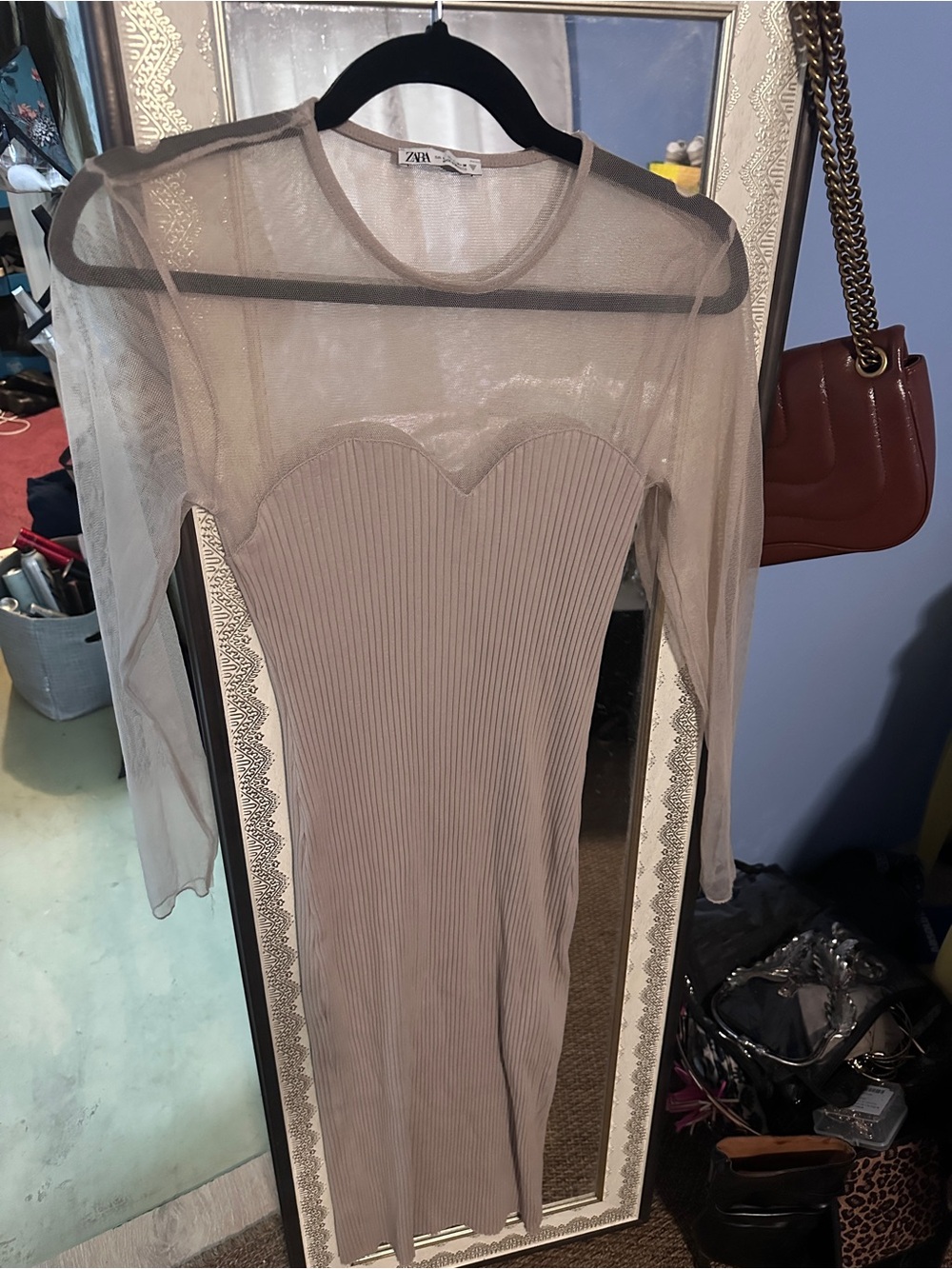 Zara Taupe Sheer-Panel Ribbed Midi Dress
